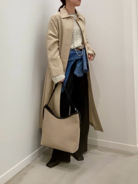 「fredy emue（フレディエミュ）のリネン混タンブラーステンカラーコート（ステンカラーコート、ベージュ系）」を使った、ishiさん（レディース・154cm）の春コーディネート