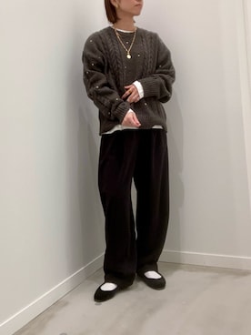 「fredy emue（フレディエミュ）のハート刺繍柄編みニットプルオーバー（ニット/セーター）」を使った、ishiさん（レディース・154cm）の秋コーディネート