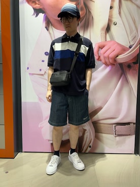 「ARMANI EXCHANGE（アルマーニエクスチェンジ）の【A|X アルマーニ エクスチェンジ】カラーブロック レギュラーフィット 半袖ポロシャツ/REGULAR（EC限定カラー含）（ポロシャツ、ブルー系）」を使った、いおりんさん（メンズ・166cm）の夏コーディネート