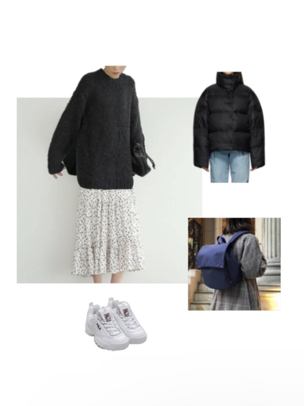 「大人カジュアル、春先取り、白スニーカー、ワンピース×スニーカー、ニット、AcneStudios、きれいめカジュアル、低身長、低身長コーデ、155cm」｜「rem closetのウールブレンドクルーネックニット（ニット/セーター、ブラック系）」を使った、Hana.さん（レディース・155cm）の冬コーディネートの1枚目の写真