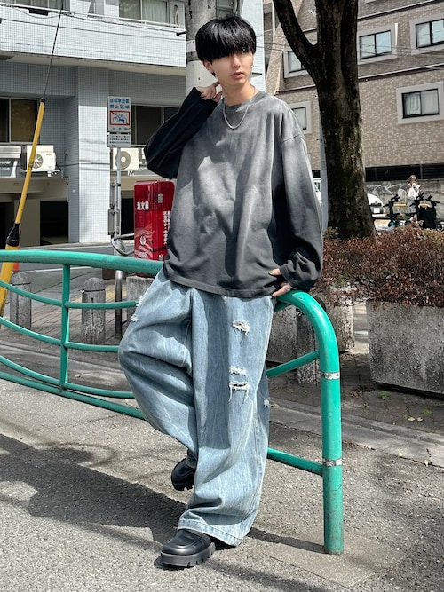 ヴィンテージケオレ加工ワイドバギーデニム（デニムパンツ