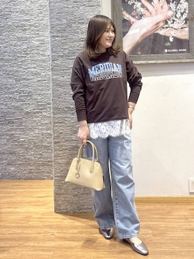 「GLOBAL WORK（グローバルワーク）のGOODデニムバギーパンツ/498388（デニムパンツ）」を使った、きくさん（レディース・161cm）の秋コーディネート