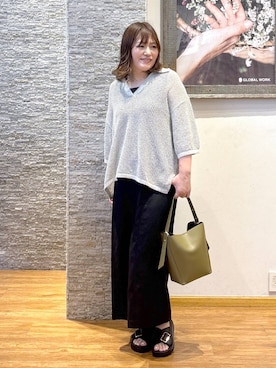 「GLOBAL WORK（グローバルワーク）のメッシュラメポロニット半袖/587686（ニット/セーター）」を使った、きくさん（レディース・161cm）の夏コーディネート