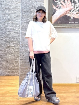 「GLOBAL WORK（グローバルワーク）のGOODデニムバギーパンツ/498388（デニムパンツ）」を使った、きくさん（レディース・161cm）の夏コーディネート
