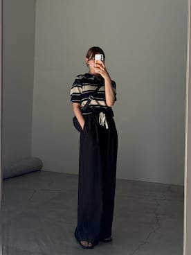 「select MOCA（セレクトモカ）のマルチボーダーポロニット（ニット/セーター、ブルー系）」を使った、maki012さん（レディース・161cm）の春コーディネート