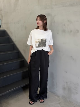 「select MOCA by son（セレクトモカバイソン）のストレートイージーサテンタックパンツ【セットアップ対応】【by SON】（その他パンツ）」を使った、maki012さん（レディース・161cm）の夏コーディネート