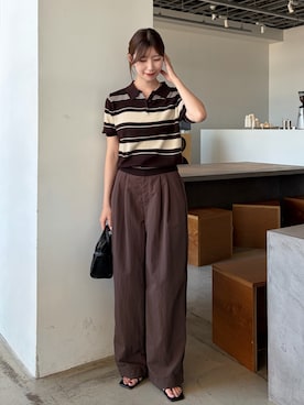 「select MOCA（セレクトモカ）のマルチボーダーポロニット（ニット/セーター、ブラウン系）」を使った、maki012さん（レディース・161cm）の夏コーディネート