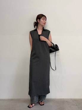 「select MOCA（セレクトモカ）のポロスキッパーノースリーブロングワンピース（ワンピース、グレー系）」を使った、maki012さん（レディース・161cm）の夏コーディネート
