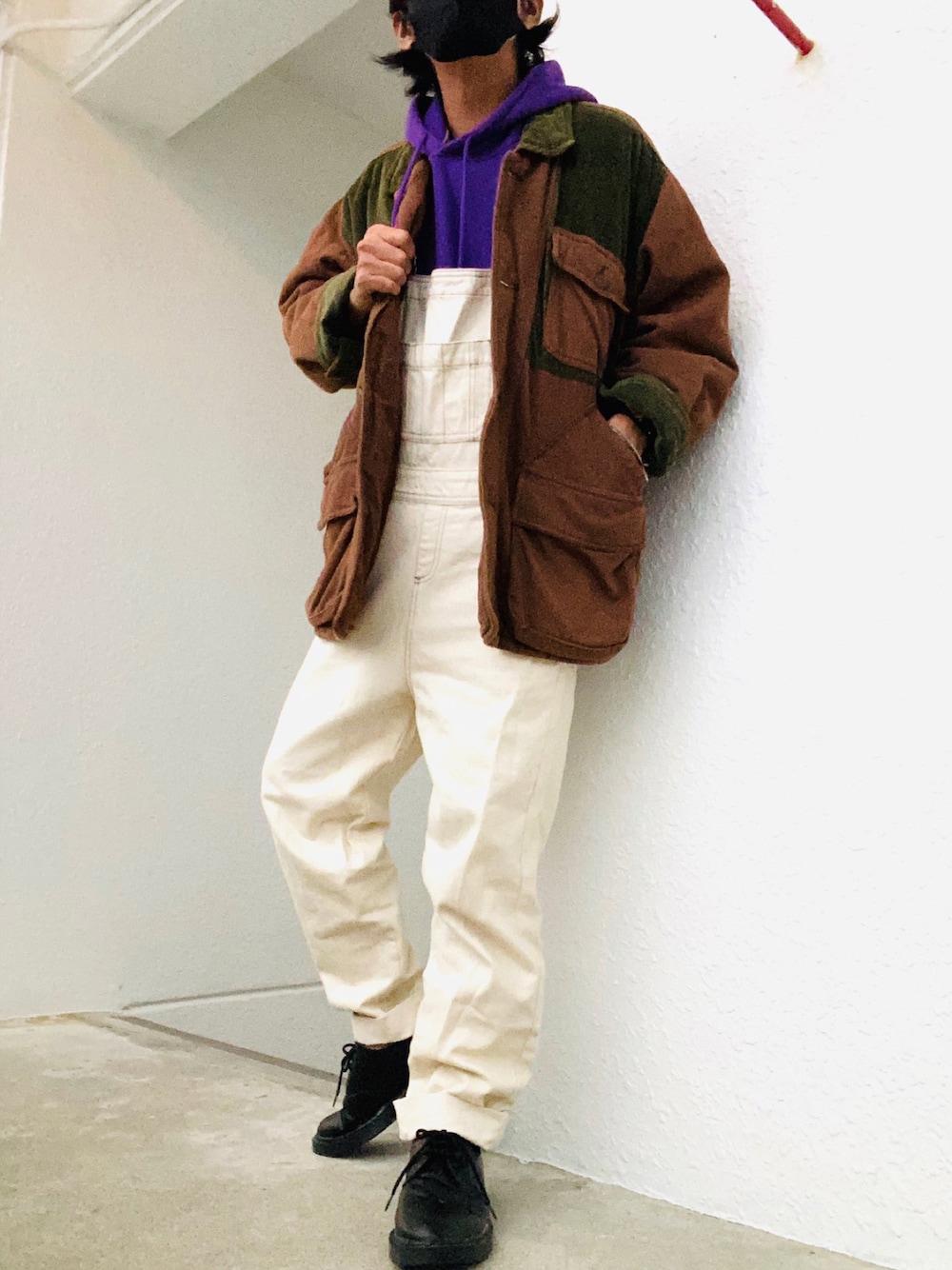 「カジュアル、ストリート、オーバーオール、ハンティングジャケット、アウター、おしゃれさんと繋がりたい、あったかコーデ、いいね、save、フォローお願いします🤑、個性派、古着、沖縄、冬コーデ、インスタフォローしてね！、いいね返し、fashion」｜「romp サイトQRのアイテム（その他アウター、その他）」を使った、tamtamrompさん（メンズ・170cm）の冬コーディネートの1枚目の写真