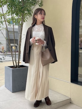 「ブラウンコーデ」｜「アイテム（ジャンパースカート）」を使った、裕美さん（レディース・156cm）の秋コーディネート