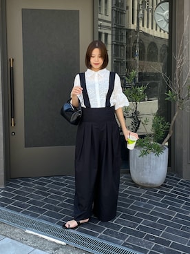 「THE CELL.（ザセルドット）のアイレットレース 袖フレアハーフスリーブシャツ　EYELET LACE FLARED HALF-SLEEVE SHIRT（シャツ/ブラウス、ホワイト系）」を使った、裕美さん（レディース・156cm）の夏コーディネート