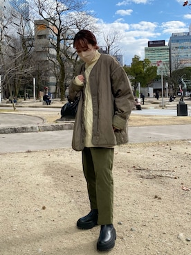 「GU（ジーユー）のアイテム（ノーカラージャケット）」を使った、maaaaa1216さん（レディース・155cm）の冬コーディネート