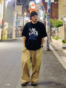 「CA4LA（カシラ）のWTURN WASH10（ニットキャップ/ビーニー、ブラウン系）」を使った、いつきんぐさん（メンズ・173cm）の夏コーディネート