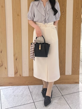 「MISCH MASCH（ミッシュマッシュ）の2026春夏新作 ラッフルフリル5分袖ブラウス（シャツ/ブラウス、ブルー系）」を使った、天王寺ミオ本館店さん（レディース・151cm）の春コーディネート