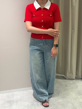 「MISCH MASCH（ミッシュマッシュ）の2026春夏新作 一部店舗限定 リボンモチーフデニムワイドパンツ（その他パンツ、ブルー系）」を使った、天王寺ミオ本館店さん（レディース・164cm）の春コーディネート