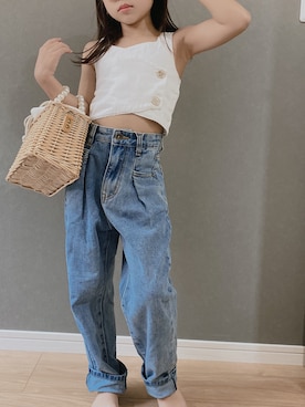 「classicalelf（クラシカルエルフ）のキッズ ゆったりハイウエスト 無地 ワイドストレートデニムパンツ（フルレングス）（デニムパンツ、ブルー系）」を使った、kantokiさん（キッズ）の夏コーディネート