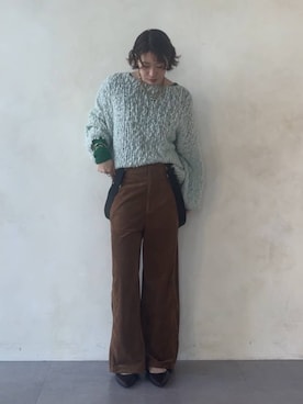 「DouDou（ドゥドゥ）のウールレーシージャガードプルオーバー（Tシャツ/カットソー、グリーン系）」を使った、yuさん（レディース・162cm）の秋コーディネート