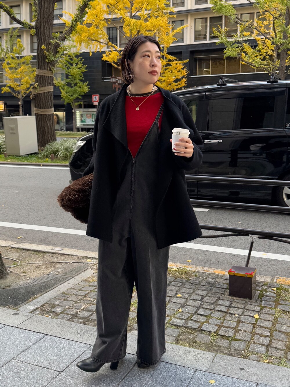 ブラック系のつなぎ/オールインワン、レッド系のニット/セーター、ブラック系のその他アウターを着用したレディースの冬コーディネートの1枚目の写真