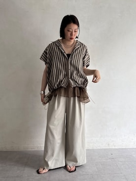 「DouDou（ドゥドゥ）のリネンストライプスピンドルブラウス（シャツ/ブラウス、ベージュ系）」を使った、yuさん（レディース・162cm）の夏コーディネート
