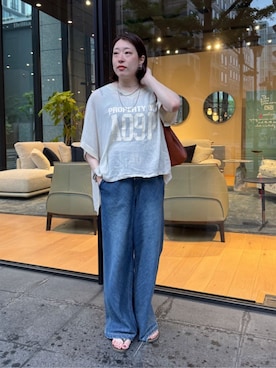 「DouDou（ドゥドゥ）のバイヤスデニムパンツ（デニムパンツ、ブルー系）」を使った、yuさん（レディース・162cm）の春コーディネート