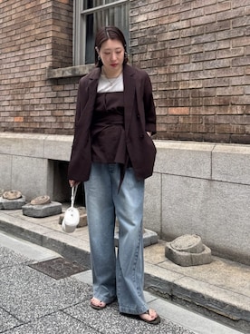 「DouDou（ドゥドゥ）のデニムワイドイージーパンツ（デニムパンツ、ブルー系）」を使った、yuさん（レディース・162cm）の春コーディネート