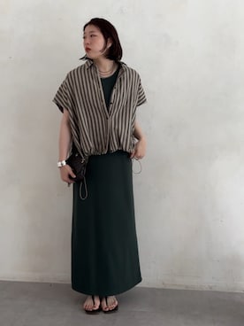 「DouDou（ドゥドゥ）のブークレーダンボールタンクワンピース（ワンピース、グリーン系）」を使った、yuさん（レディース・162cm）の春コーディネート