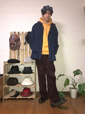 「アイテム（キャスケット、パープル系）」を使った、ゆーさん（メンズ・183cm）の冬コーディネート