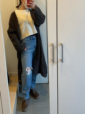 「UNIQLO（ユニクロ）のアイテム（デニムパンツ、ブルー系）」を使った、武蔵さん（レディース・154cm）の冬コーディネート