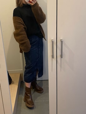 「SHENERY（シーナリー）のアイテム（デニムスカート、ブルー系）」を使った、武蔵さん（レディース・154cm）の冬コーディネート