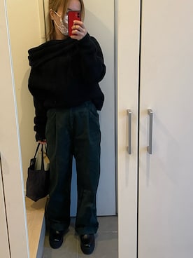 「no brand（ノーブランド）のアイテム（パンツ、グリーン系）」を使った、武蔵さん（レディース・154cm）の冬コーディネート