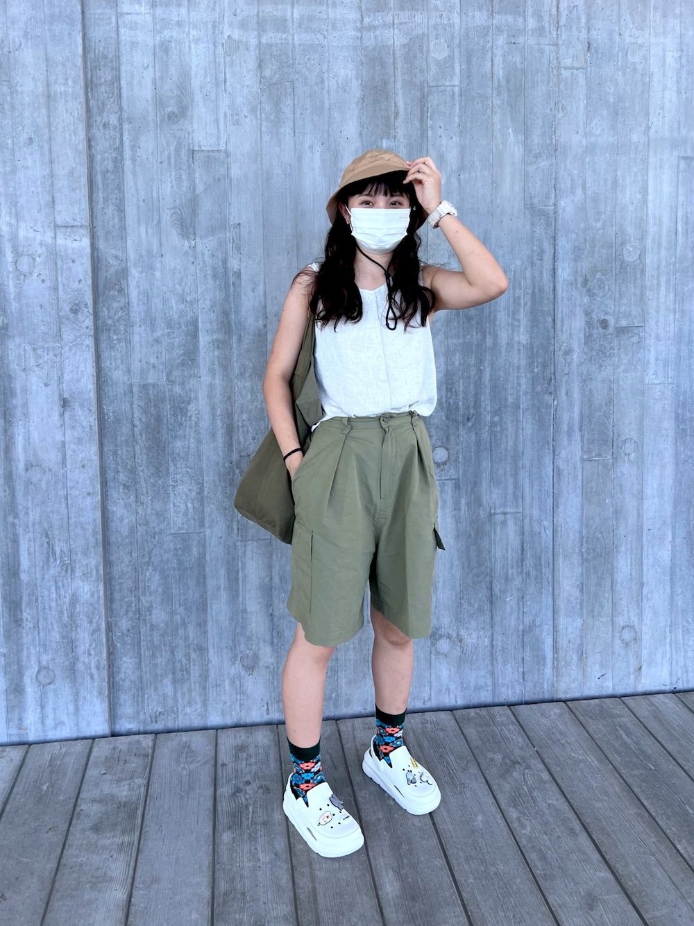 「summer、picnic、BUCKET HAT、camping」｜「G-SHOCKのBABY-G/ベイビージー 腕時計 "ピカチュウ コラボモデル" BA-110PKC-4AJR（デジタル腕時計、ピンク系）」を使った、cssum7さん（レディース・161cm）の夏コーディネートの1枚目の写真