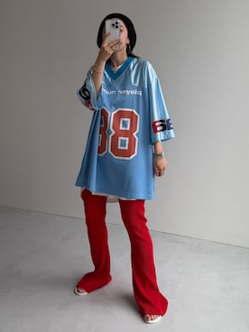 「アイテム（その他パンツ、レッド系）」を使った、wee9sさん（レディース・155cm）の夏コーディネート