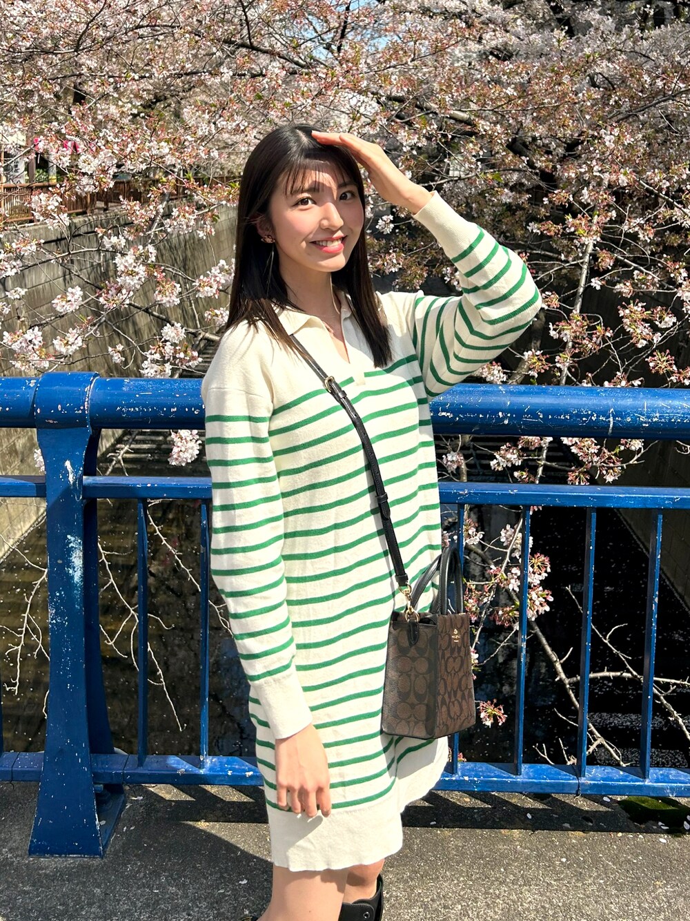 「春服コーデ、カジュアルコーデ、シンプルコーデ、お花見コーデ、春色、キレイめ、ワンピース、UNIQLO、ユニクロ、ニット、ニットワンピース、ボーダー、COACH、今日のコーデ、春服」｜「UNIQLOのアイテム（ワンピース、ホワイト系）」を使った、Yukaさん（レディース・167cm）の春コーディネートの1枚目の写真