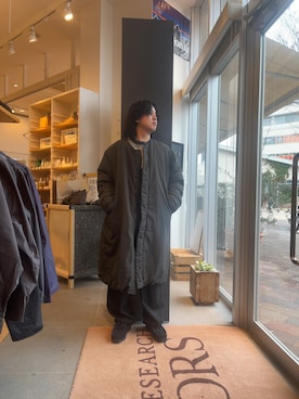 「アイテム（ノーカラーコート）」を使った、下田海秀さん（メンズ・168cm）の冬コーディネート