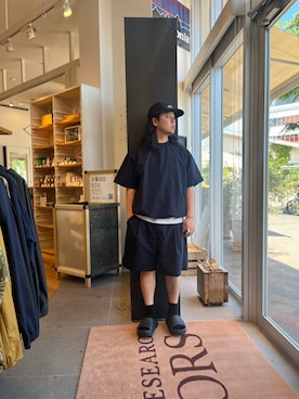「EKAL（エカル）の『吸水速乾/通気性/軽量』DOT AIR SHORT-SLEEVE PULLOVER（Tシャツ/カットソー、ブルー系）」を使った、下田海秀さん（メンズ・168cm）の春コーディネート
