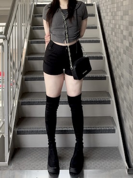 「me+em select（ミームセレクト）の【 ２color ／４size 】ハイウエストタイトスパンショートパンツ ／ high waist tight span short pants（その他パンツ、ブラック系）」を使った、こんぷさん（レディース・160cm）の夏コーディネート