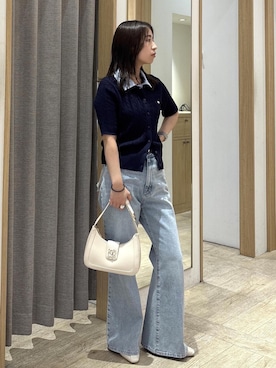 「VIS（ビス）の10ｍｍ巾変形メタルバックルピンレスベルト（ベルト、ブラック系）」を使った、スズさん（レディース・152cm）の春コーディネート