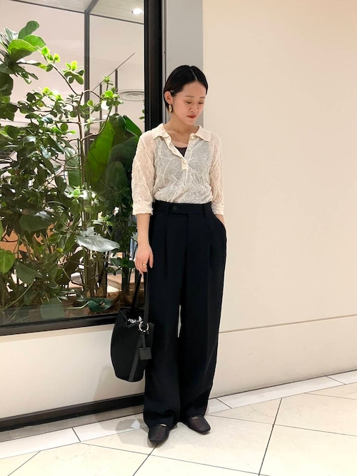 new basic　リネン混ワッシャーシャツカラーニット