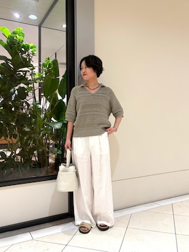 「URBAN RESEARCH(アーバンリサーチ)の『3サイズ展開』リネンイージーワイドスラックス(その他パンツ、ホワイト系)」を使った、オナカさん(レディース・153cm)の春コーディネート