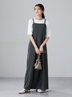 「nissen（ニッセン）の高身長　細リブクルーネック5分袖カットソートップス（トールサイズ）（Tシャツ/カットソー、ホワイト系）」を使った、nissen Tall Modelsさん（レディース・173cm）の春コーディネート