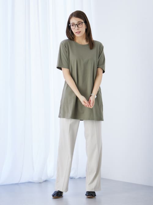 しいちゃん　遮光　パンツ　グレージュ 高身長 接触冷感ストレッチきれいめワイドパンツ（薄手素材）丈