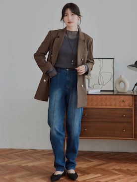 「nissen（ニッセン）の高身長　テーパードデニムパンツ（トールサイズ）Essenave（パンツ、ブルー系）」を使った、nissen Tall Modelsさん（レディース・174cm）の秋コーディネート