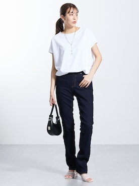「nissen（ニッセン）の高身長　すごのびストレッチデニムスリムストレートパンツ（選べる3レングス）（チノパンツ、ブルー系）」を使った、nissen Tall Modelsさん（レディース・173cm）の春コーディネート