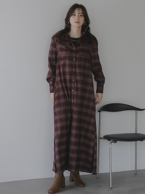 セール】高身長 チェック柄マキシ丈シャツワンピース（トールサイズ