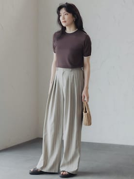 「slattgir（スラットジール）の高身長　リネンストライプタックワイドパンツ（トールサイズ）Essenave（その他パンツ、ホワイト系）」を使った、nissen Tall Modelsさん（レディース・173cm）の夏コーディネート