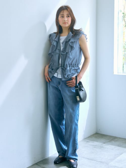 シャツ ブラウス トールサイズ レディース 高身長 フリル 2点セット タンクトップ ＋ Essenave 夏 M/L ニッセン nissen 高身長 フリルブラウス2点セット（タンクトップ＋ブラウス