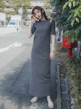 高身長 ショルダーカットカットソーリブマキシワンピース