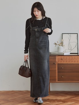 「nissen（ニッセン）の高身長　配色ヘンリーネックプルオーバー（トールサイズ）Essenave（Tシャツ/カットソー、ブラック系）」を使った、nissen Tall Modelsさん（レディース・174cm）の秋コーディネート
