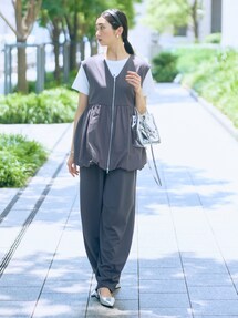 ベスト トールサイズ レディース 高身長 ポンチ×ナイロンVネックペプラムZIP セットアップ対応 Essenave 重ね着 レイヤード M/L ニッセン nissen ニッセン ベスト トールサイズ レディース 高身長 ポンチ