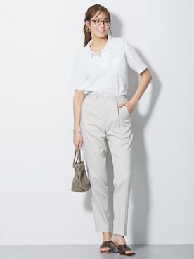 「nissen（ニッセン）の高身長　ペン差し半袖ポロシャツ（吸汗速乾・UVカット）（トールサイズ）（ポロシャツ、ホワイト系）」を使った、nissen Tall Modelsさん（レディース・173cm）の春コーディネート